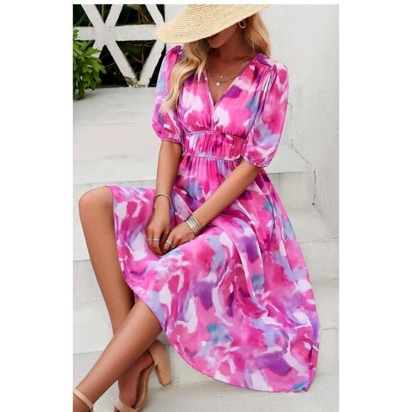 Womens Floral Flowy Wrap V Neck Midi Dress Short Sleeve Elastic Waist Casual Lrg - Picture 2 of 7